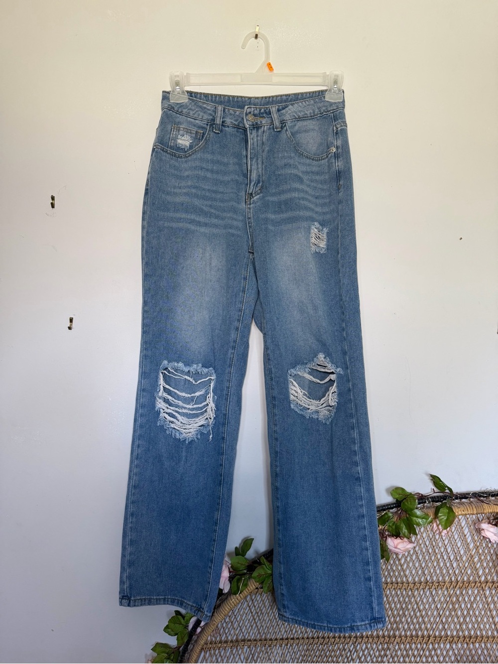 SHEIN Medium Blue Distressed Wide Leg Jeans